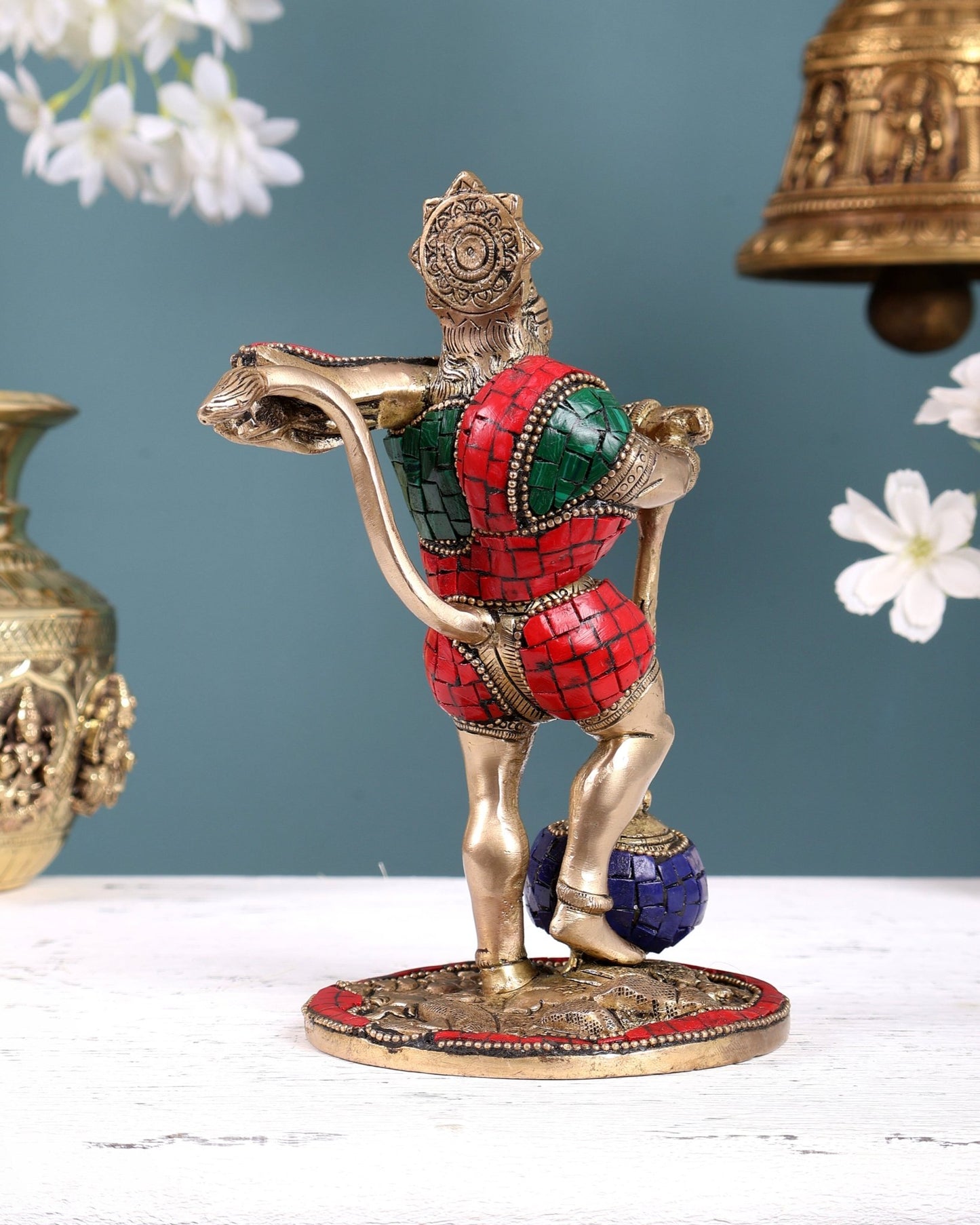 Powerful Standing Hanuman Brass Idol - 7.5" Height with stonework - Budhshiv.com