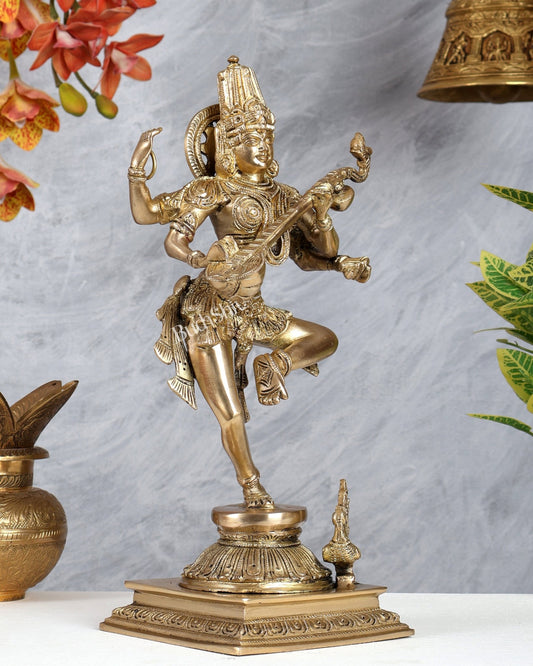 Premium Brass Dancing Saraswati Idol with Annam (Swan) – 14 Inch Divine Sculpture - Budhshiv.com