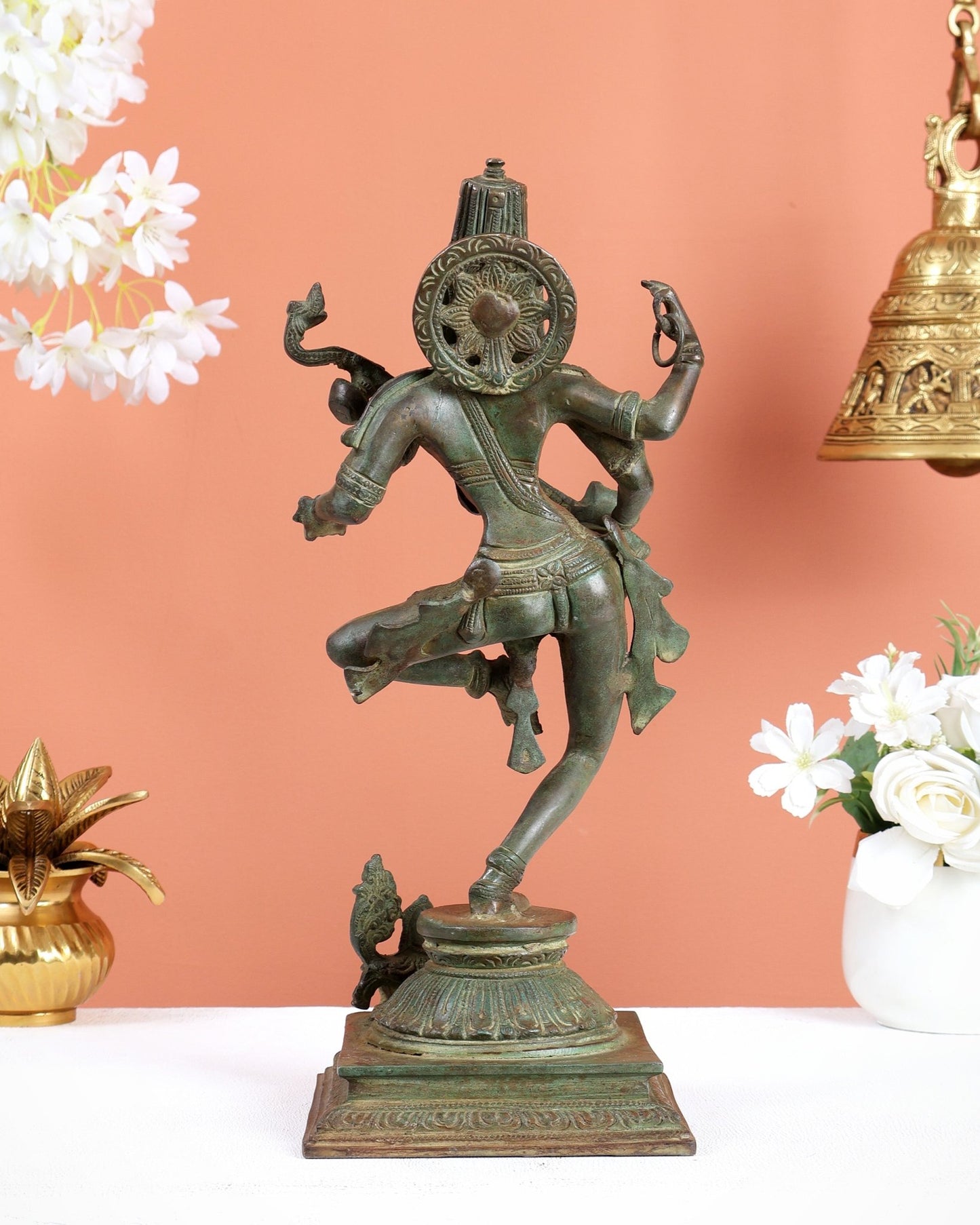 Premium Brass Dancing Saraswati Idol with Annam (Swan) – 14 Inch Green Patina - Budhshiv.com