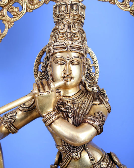 Premium Brass Lord Krishna with Cow, Calf, Sheshanaag, Sudama & Kirtimukha Prabhavali – Grand Venugopala Sculpture (36.5 Inches) - Budhshiv.com