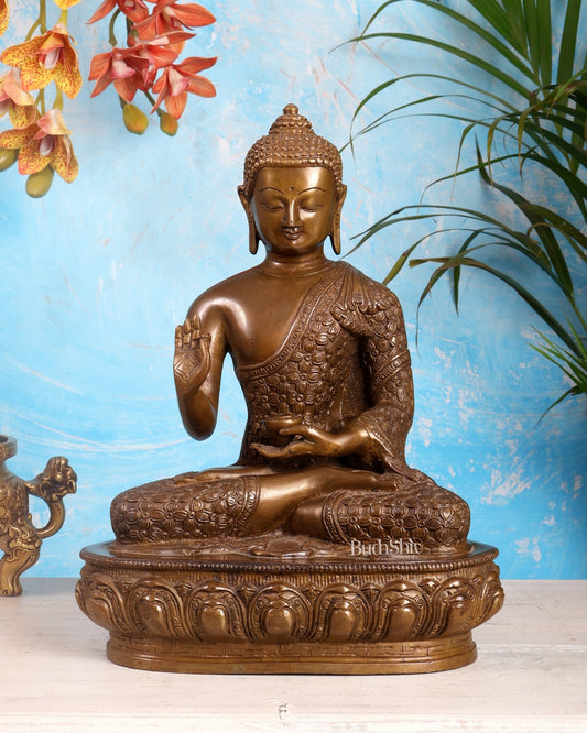 Pure Brass Antique Buddha Blessing Statue - 13.5" thick Copper tone - Budhshiv.com
