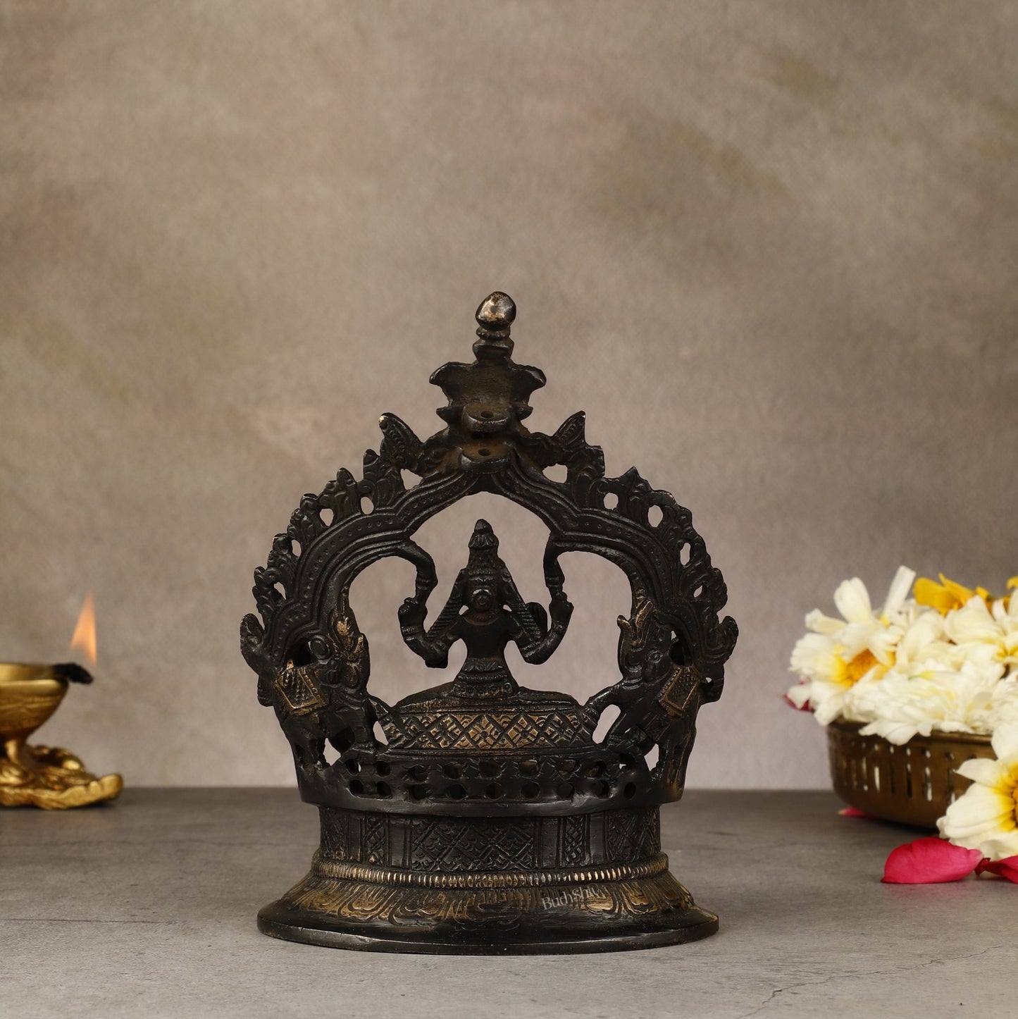 Pure Brass Antique Gajalakshmi Lamp with Deep Lady - 6.5" - Budhshiv.com