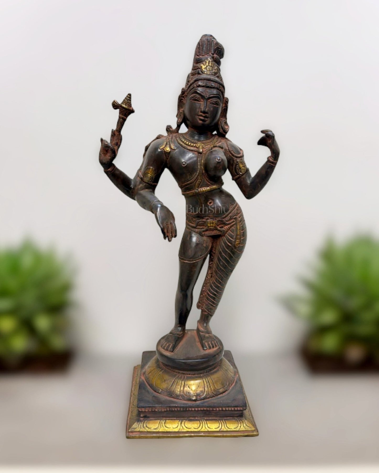 Pure Brass Ardhanarishwara Shiv Parvati Sculpture - 15.2 Inch Antique Sand Finish - Budhshiv.com