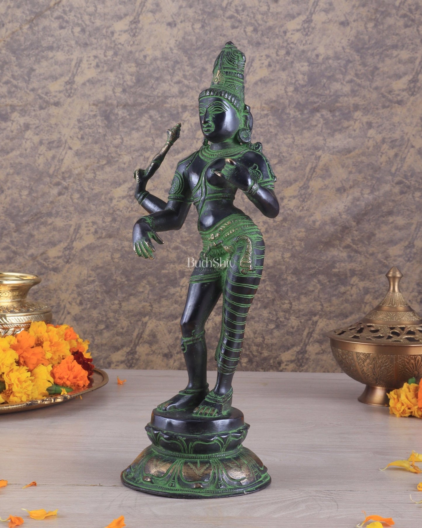 Pure Brass Ardhanarishwara Vintage black green - 12.5 Inch - Budhshiv.com