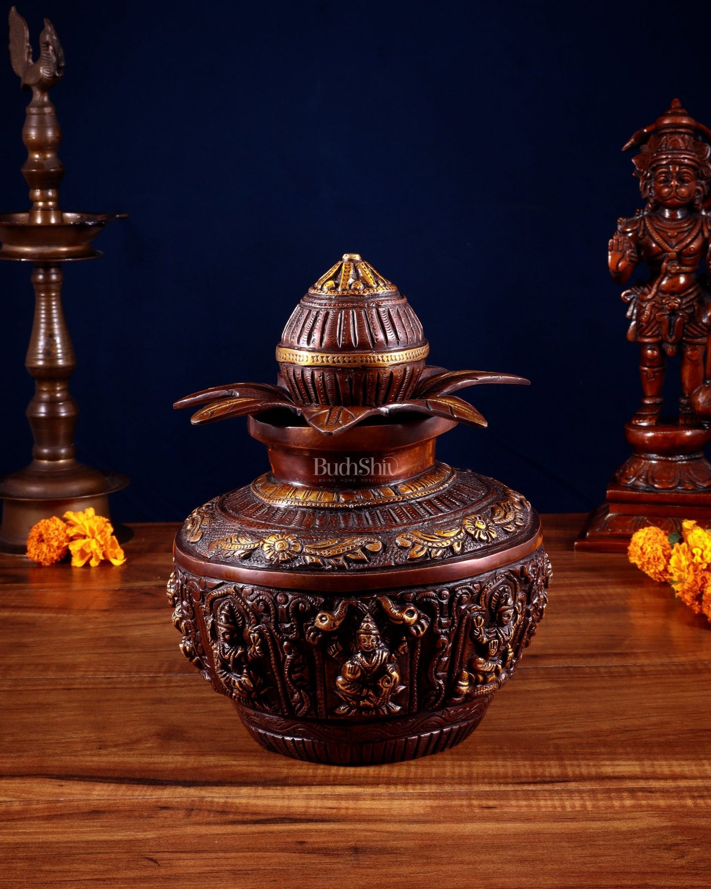 Pure Brass Ashtalakshmi Kalash with Detachable Top – Copper Tone – 11” - Budhshiv.com