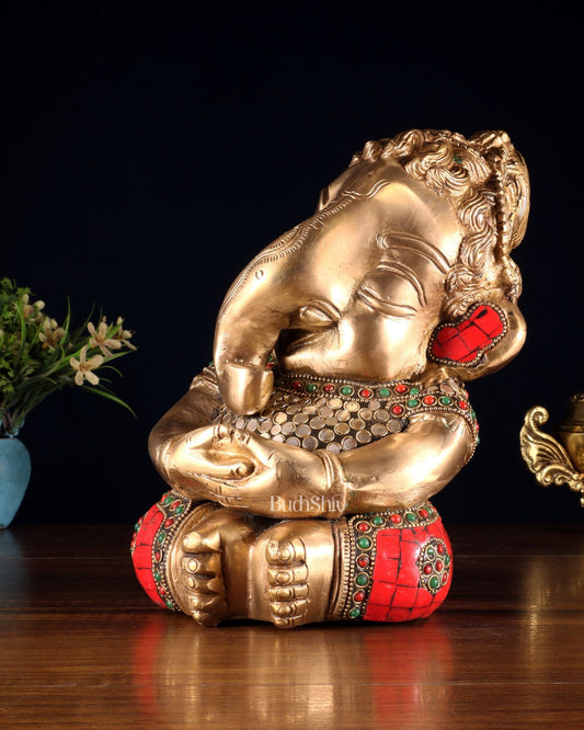 Pure Brass Baby Ganesha in Meditation with Natural Stones – 9" - Budhshiv.com