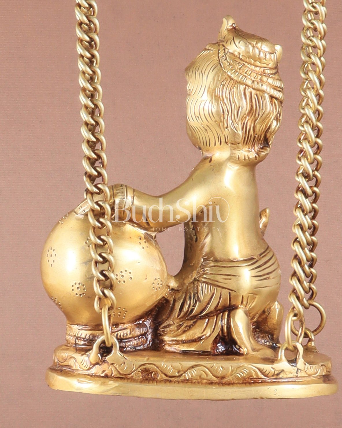 Pure Brass Baby Krishna as Bal Gopal Makhan Chor on an Elegant Kirtimukha Swing 18" - Budhshiv.com