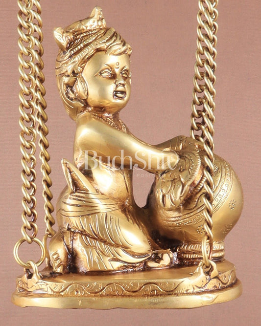 Pure Brass Baby Krishna as Bal Gopal Makhan Chor on an Elegant Kirtimukha Swing 18" - Budhshiv.com