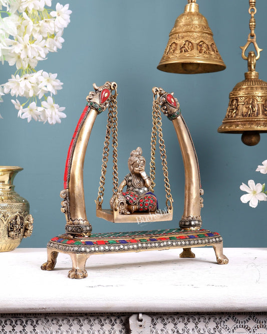 Pure Brass Bal Gopal Makhan Chor on Swing Idol 10 inch with Stonework - Budhshiv.com