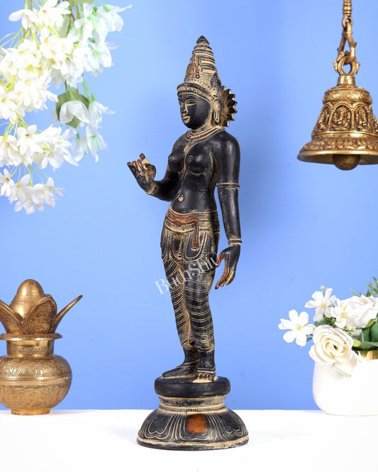 Pure Brass Bhoga Shakti Standing Uma Parvati Idol 18 inch antique patina - Budhshiv.com