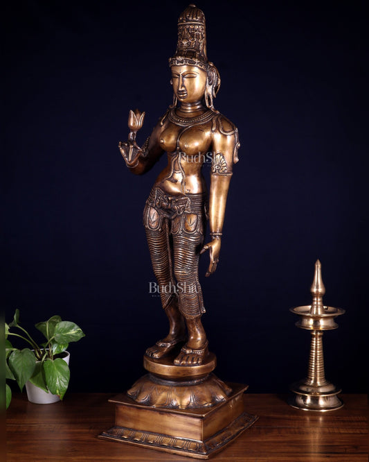 Pure Brass Bhoga Shakti Standing Uma Parvati Statue – Vintage Finish 29.5 inch - Budhshiv.com