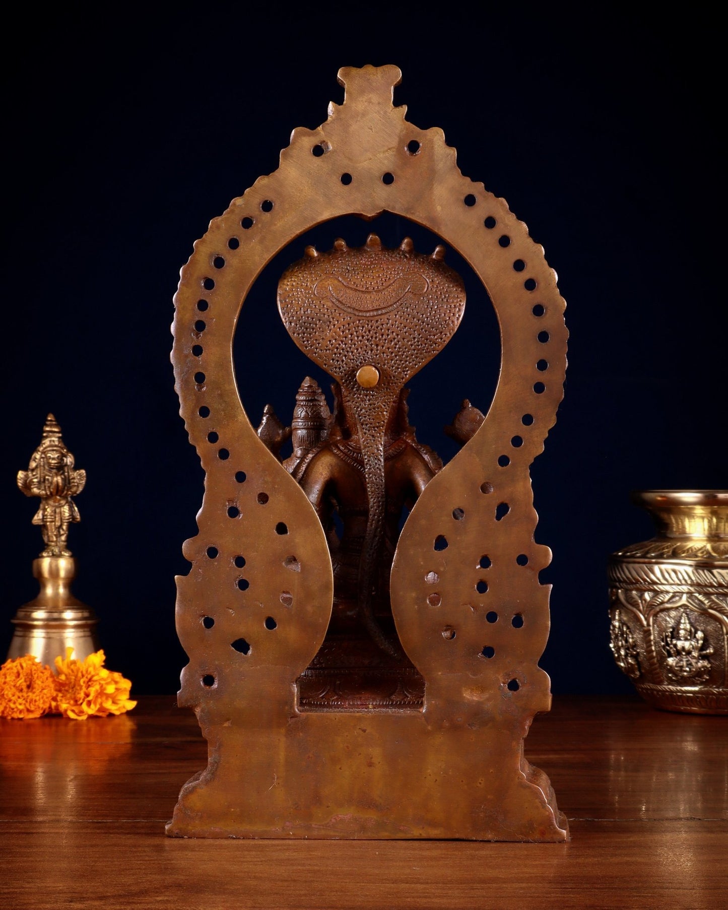 Pure Brass Bronze finish Vishnu Lakshmi Idol Seated on Sheshanaaga - 10" - Budhshiv.com