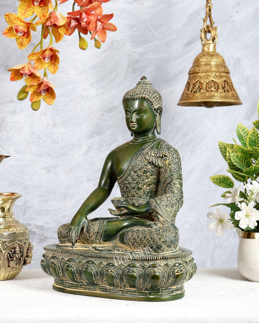 Pure Brass Buddha Sculpture - 13" antique green - Budhshiv.com
