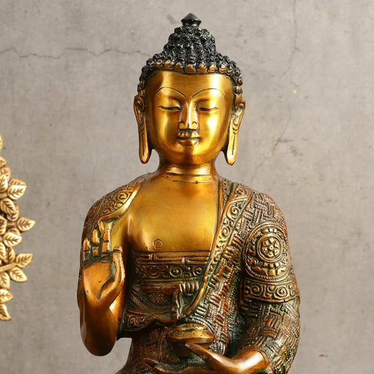 Pure Brass Buddha Statue - Antique Finish, 12" Height - Budhshiv.com
