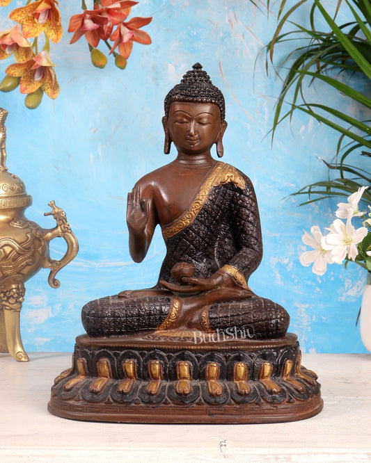 Pure Brass Buddha Statue - Nepali copper Finish, 11" Height - Budhshiv.com