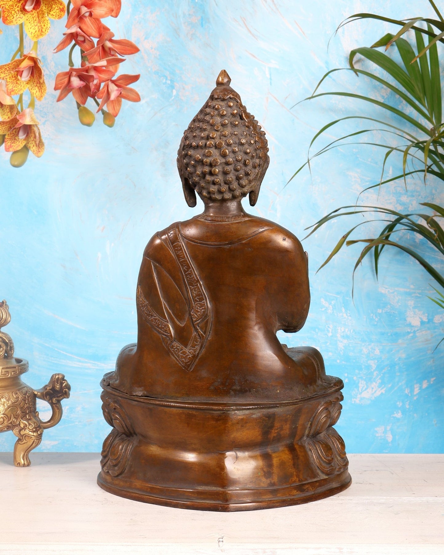 Pure Brass Buddha Statue with Blessing Hand in Vintage tone 15.5 inch - Budhshiv.com