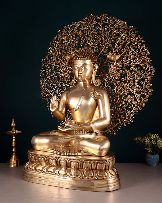 Pure Brass Buddha with Kalpavriksha Tree Statue 29" - Budhshiv.com