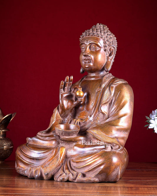 Pure Brass Buddha with medicine bowl 16 " bronze finish - Budhshiv.com