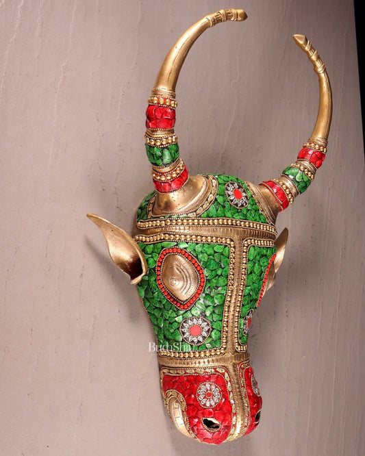 Pure Brass bull Face Wall Hanging with Meenakari Stonework – 18.5” | 5.5 kg - Budhshiv.com