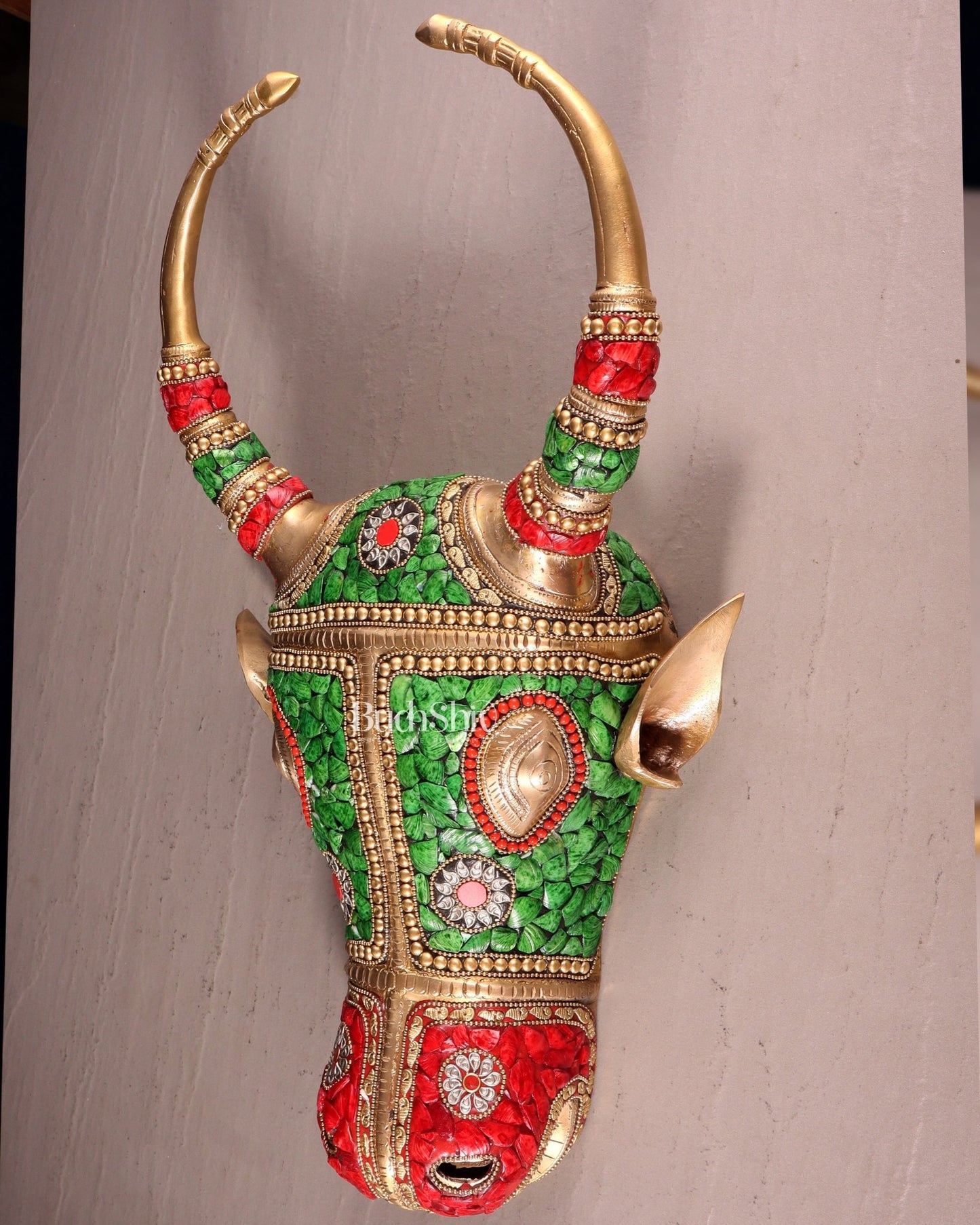 Pure Brass bull Face Wall Hanging with Meenakari Stonework – 18.5” | 5.5 kg - Budhshiv.com