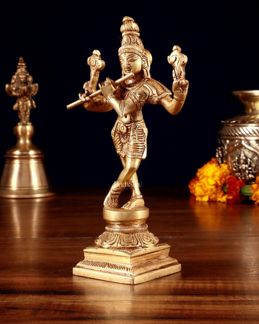Pure Brass Charbhuja Krishna (Vishnu Roopam) Idol 6" - Budhshiv.com