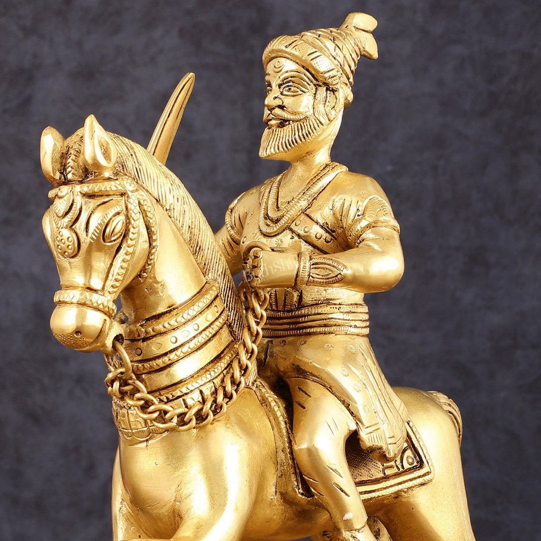 Pure Brass Chhatrapati Shivaji Maharaj Sitting on Horse Statue - 10.5" Height - Budhshiv.com