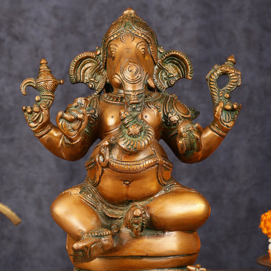 Pure Brass Chola Ganesha Statue - Antique Bronze Finish, 12" - Budhshiv.com