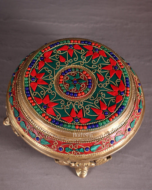 Pure Brass Chowki with Floral Stonework for Idols 7" - Budhshiv.com