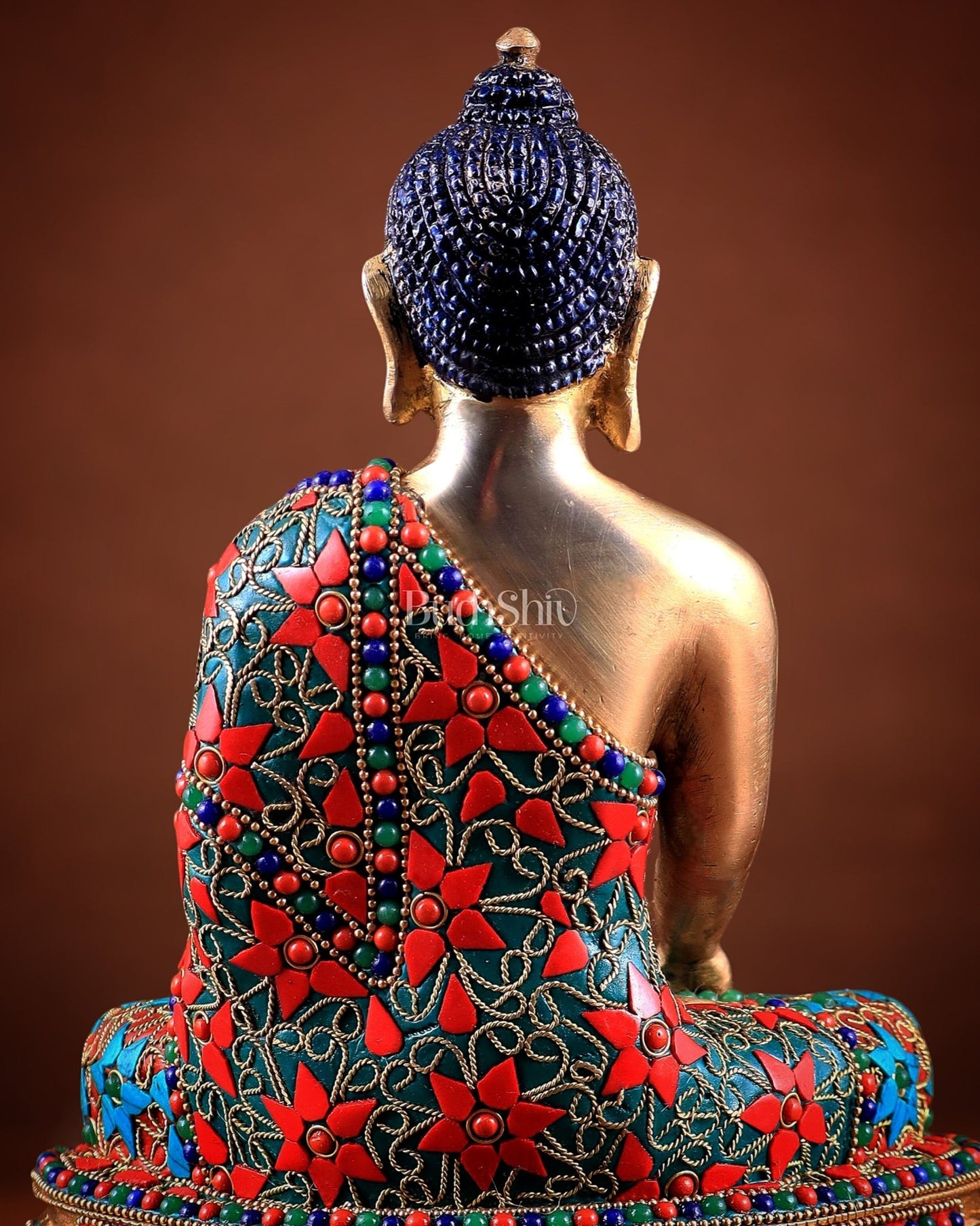 Pure Brass colourful Buddha Statue with Hand Down - 9.5" stonework - Budhshiv.com