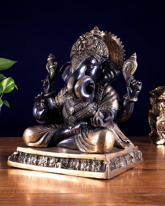 Pure Brass Dagdusheth Ganapati – Heat Treated Black & Gold Finish 12 inch - Budhshiv.com