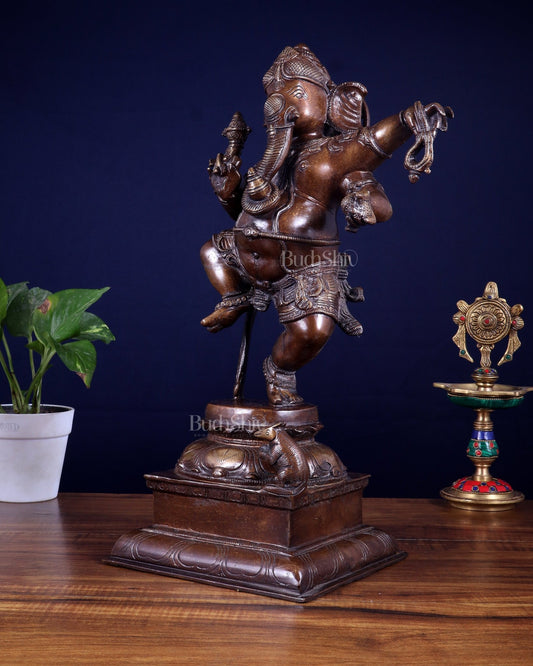 Pure Brass Dancing Ganesha Statue – Brown Tone Finish 16 inch - Budhshiv.com