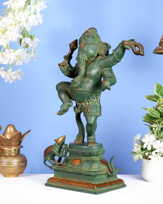 Pure Brass Dancing Ganesha Statue – Green Patina Finish 20 inch - Budhshiv.com