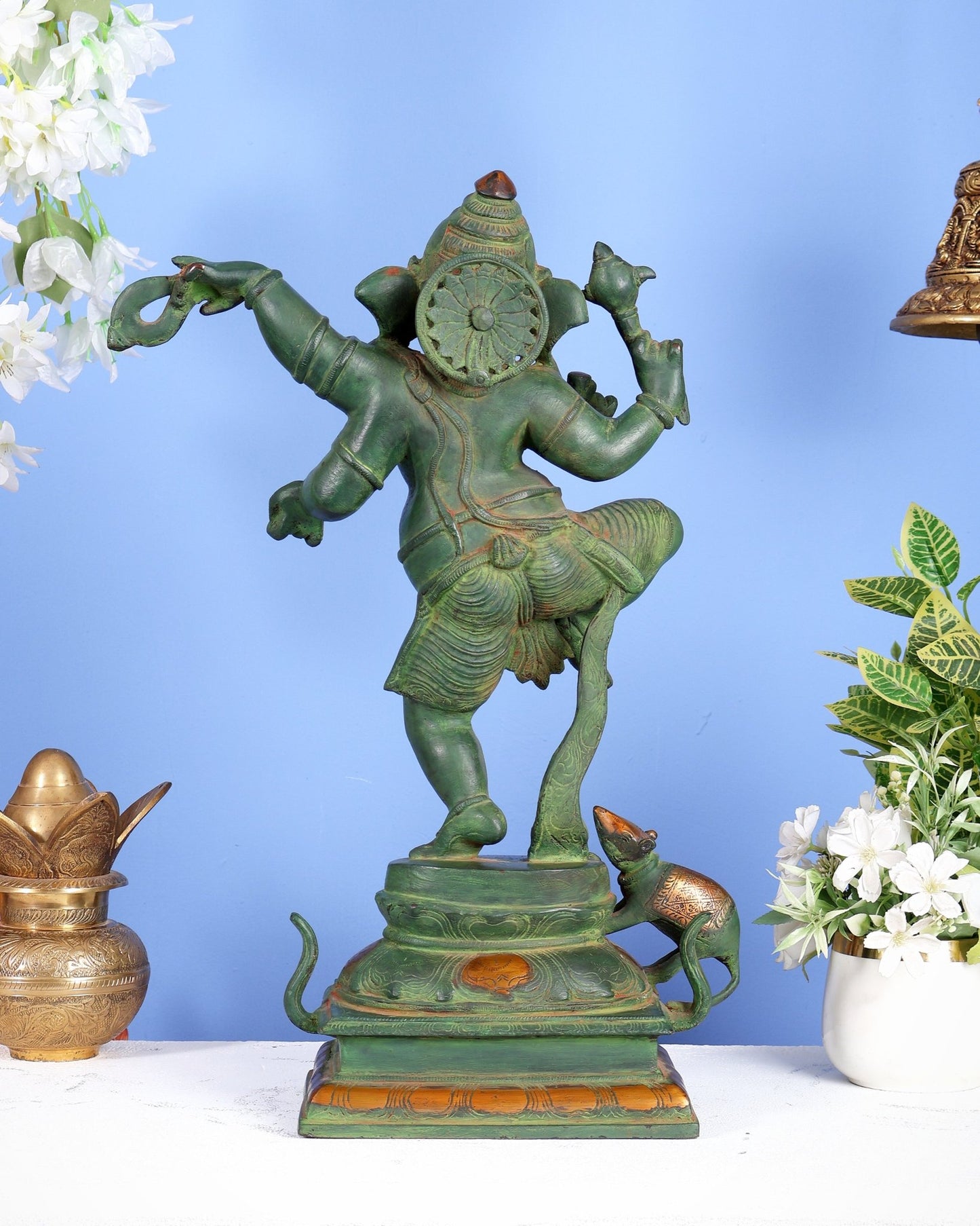 Pure Brass Dancing Ganesha Statue – Green Patina Finish 20 inch - Budhshiv.com