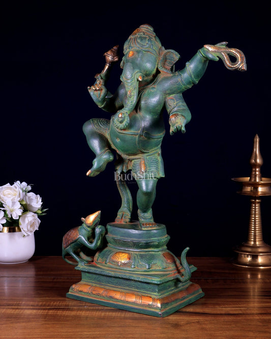 Pure Brass Dancing Ganesha Statue – Green Patina Finish 20 inch - Budhshiv.com