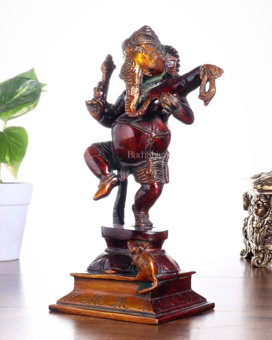 Pure Brass Dancing Ganesha with Stone Inlay – Shiny Chola Tone Finish 9" - Budhshiv.com