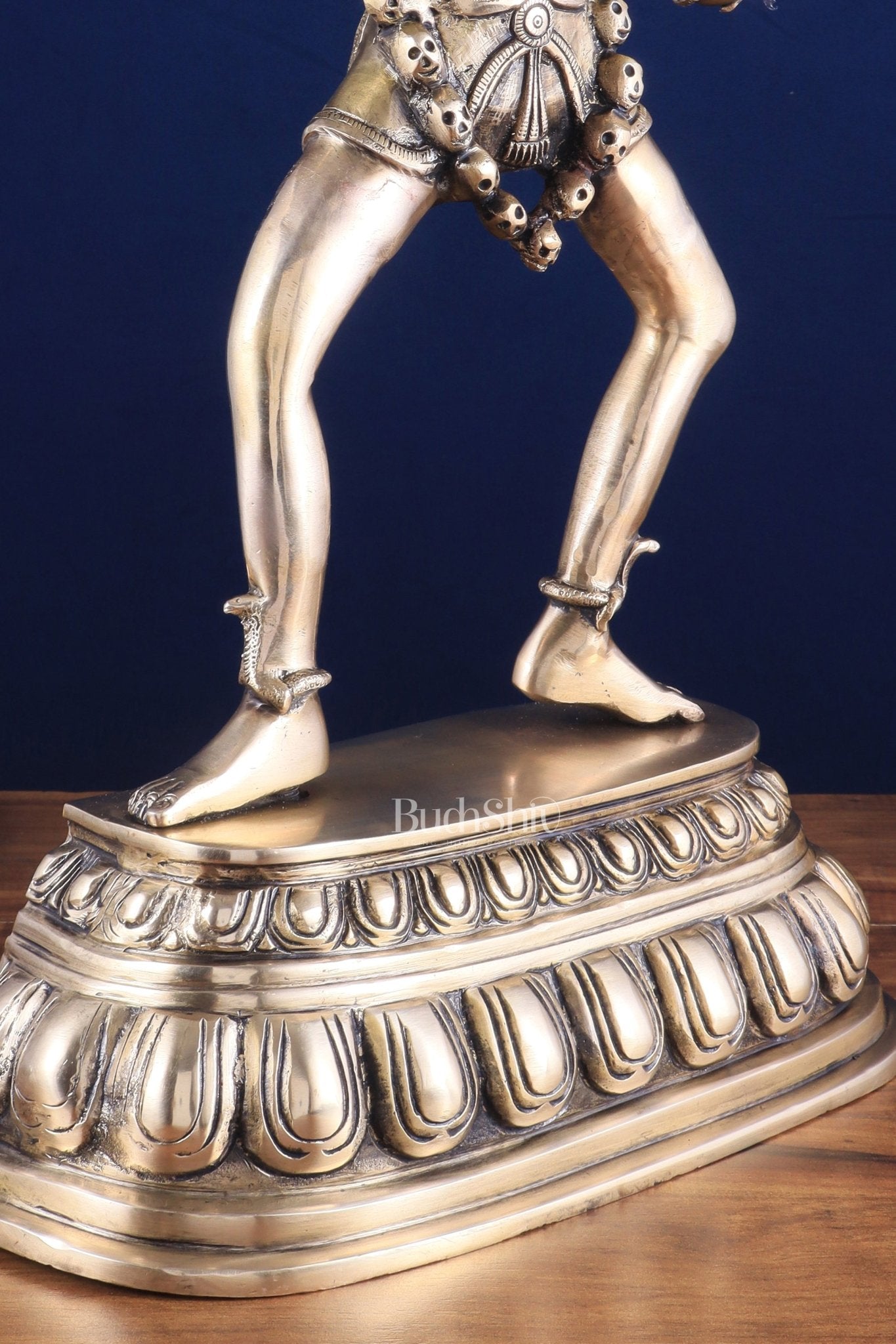 Pure Brass Dancing Kali Idol – Crowned & Adorned with Skull Garland 23" - Budhshiv.com