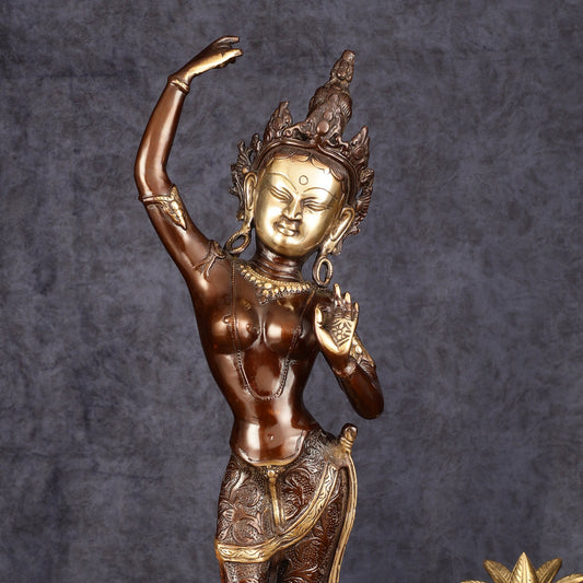 Pure Brass Dancing Tara Devi Maya Buddhist Sculpture - 20" Tall - Budhshiv.com