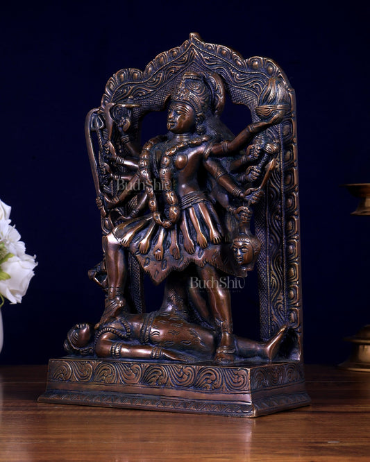 Pure Brass Dashabhuja Goddess Mahakali with Prabhavali β Brass Sculpture 11.5 inch - Budhshiv.com