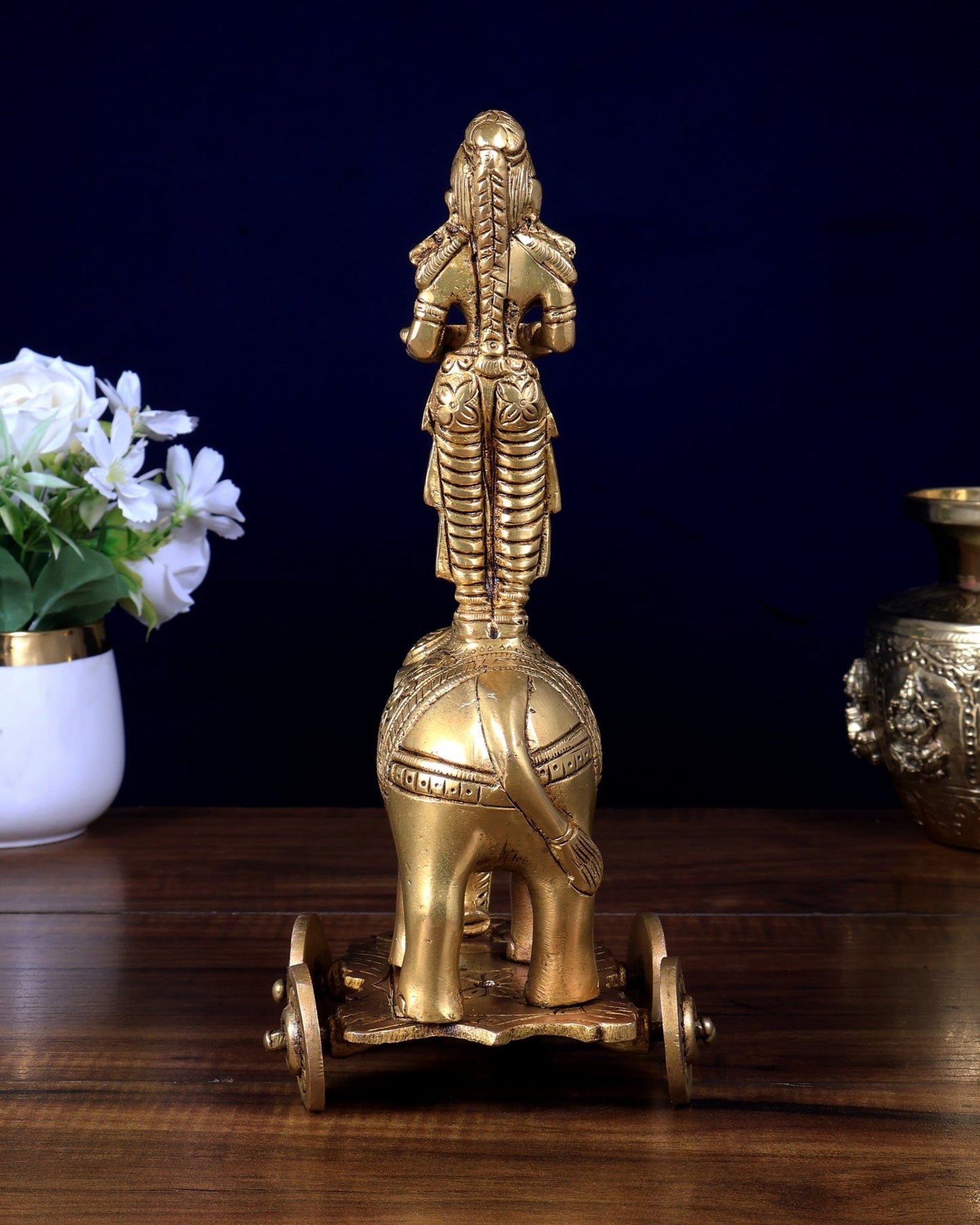 Pure Brass Deep Lady Standing on Elephant with Wheels 10.5 inch - Budhshiv.com