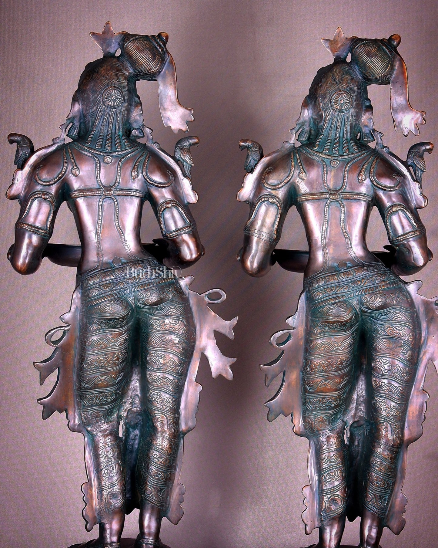 Pure Brass Deep Lady Vilakku Pair with Vintage Green Bronze Tone – 36" Traditional Lamps - Budhshiv.com