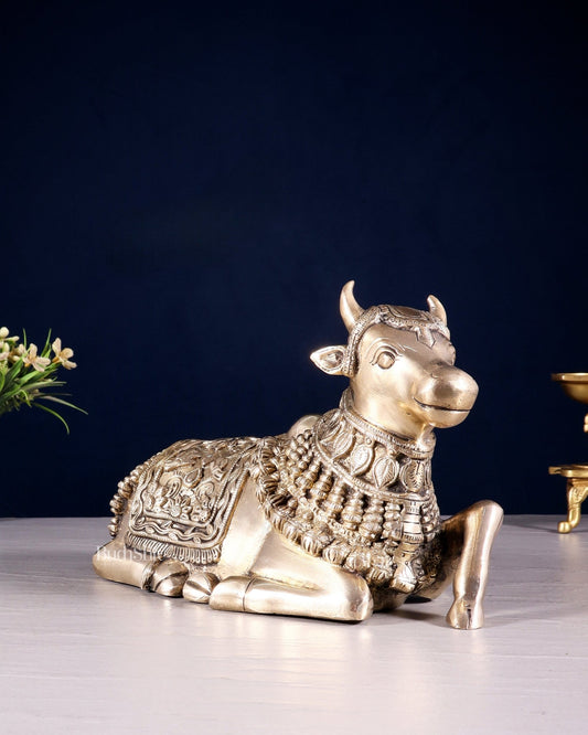 Pure Brass Engraved Nandi Statue – 10" Glossy - Budhshiv.com