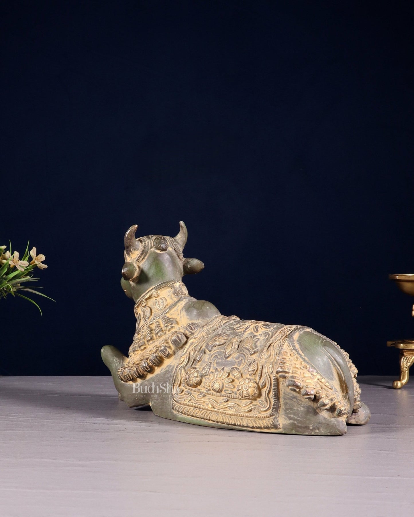 Pure Brass Engraved Nandi Statue – 10" Green Sand Patina - Budhshiv.com