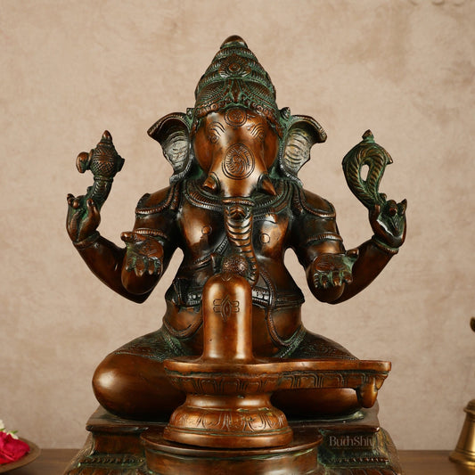Pure Brass Ganapati with Shiv Ling Statue | Antique Bronze Finish | 14.5 Inch - Budhshiv.com
