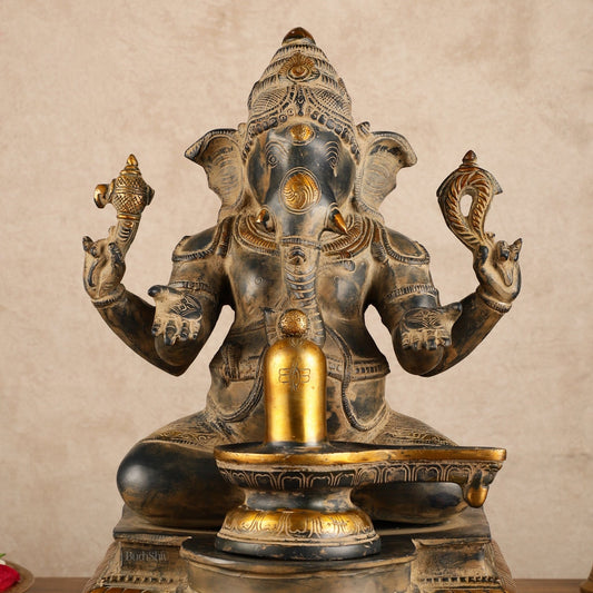 Pure Brass Ganapati with Shiv Ling Statue | Vintage Patina | 14 Inch - Budhshiv.com
