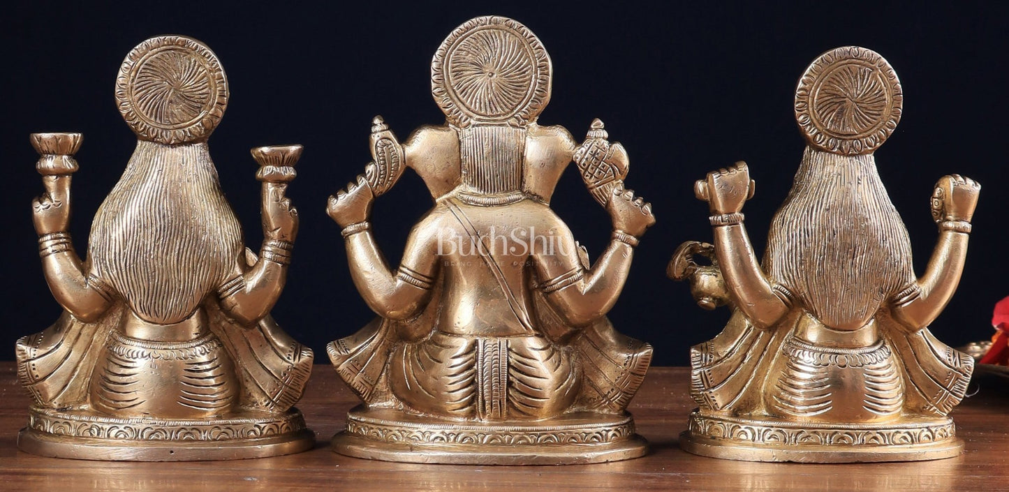 Pure Brass Ganesh, lakshmi and Saraswati idols set 6" - Budhshiv.com