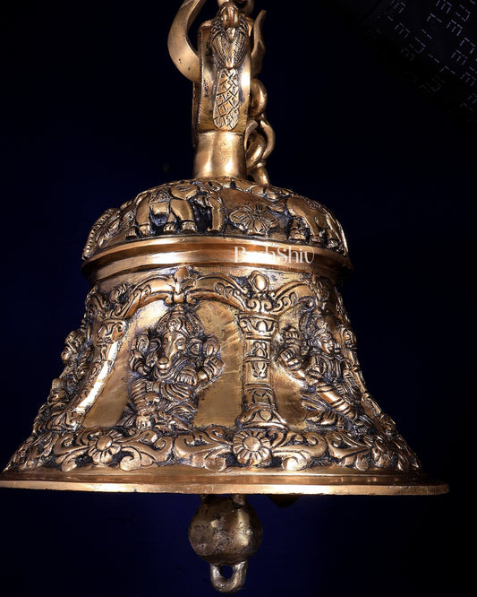 Pure Brass Ganesh Lakshmi Hanging Temple Bell | Heavy Mandir Ghanta - Budhshiv.com