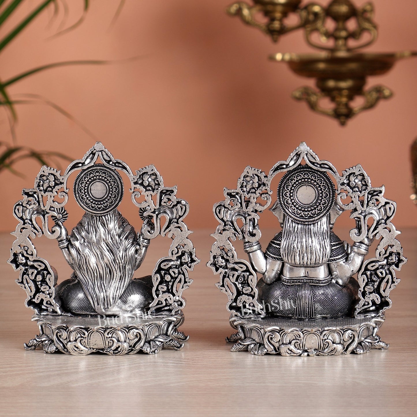 Pure Brass Ganesh Lakshmi Idol - 4 Inch silver plated - Budhshiv.com
