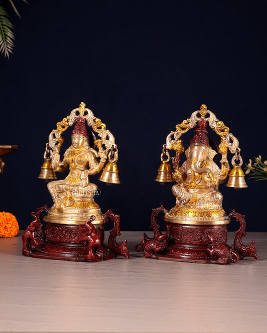 Pure Brass Ganesh Lakshmi Idol Pair with Prabhavali & Hanging Bells 8.2" - Budhshiv.com