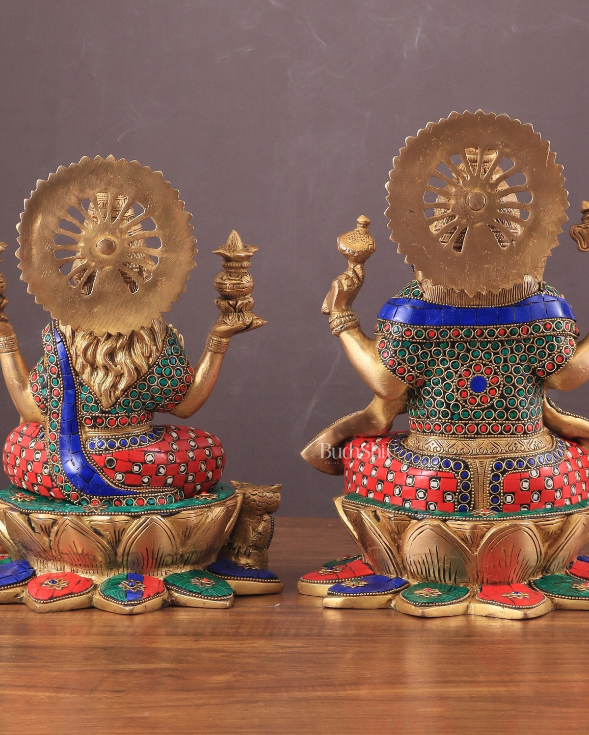 Pure Brass Ganesh Lakshmi idols Pair | 12 Inch meenakari Stonework - Budhshiv.com