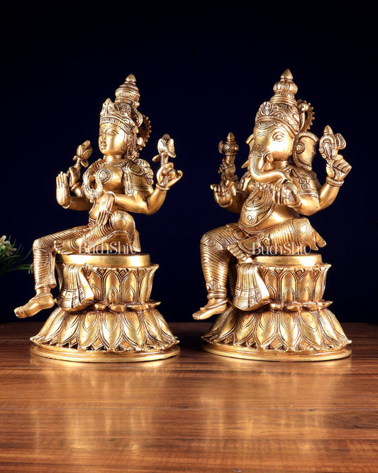 Pure Brass Ganesh Lakshmi on Lotus Idols – Divine Prosperity Duo for Home Temple 15 inch - Budhshiv.com
